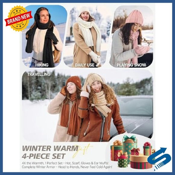 Fleece Lined Winter Set with Touchscreen Gloves, Scarf, Beanie, Earmuffs